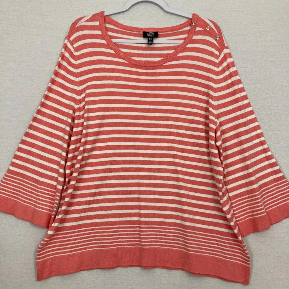 Jones New York Pink White Striped Flare Sleeve Tight Knit Pullover‎ Sweater 1X